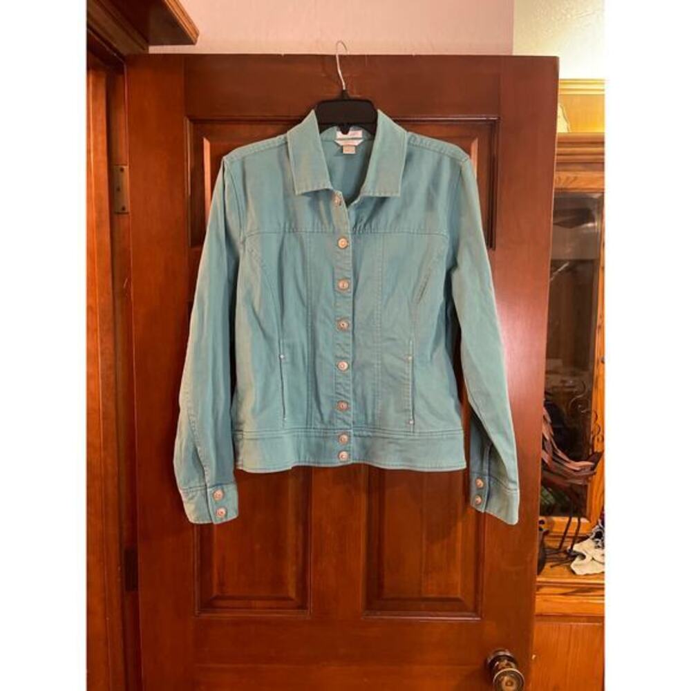 Stretchy teal blue rhinestone accent  denim jacket L